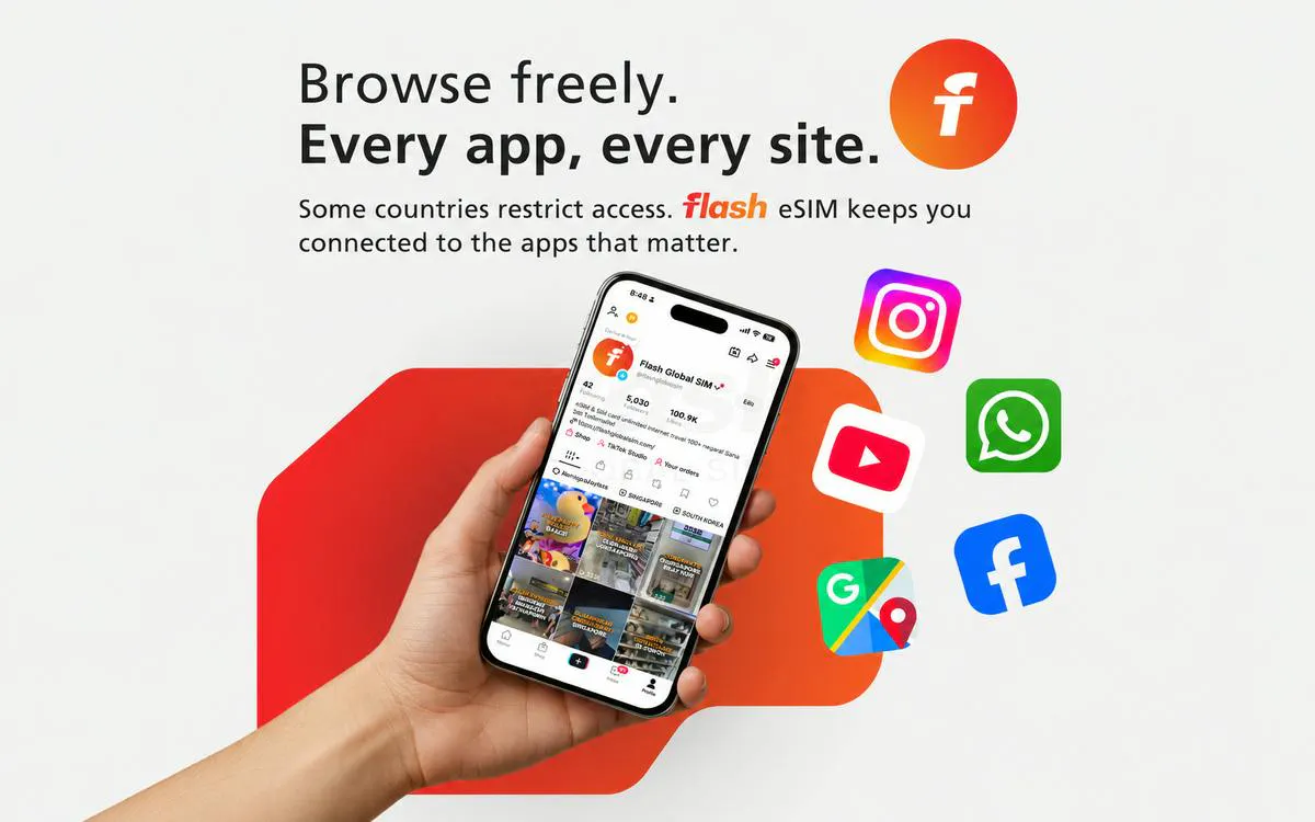 Hand holding smartphone displaying Flash Global SIM app with social media icons, Bangkok.