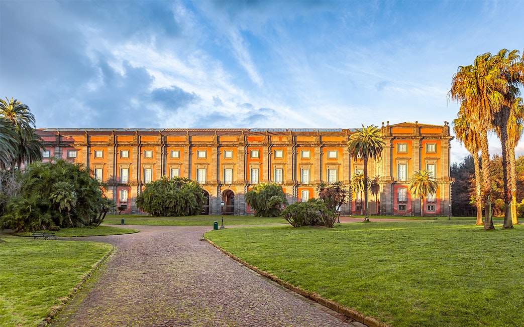 Courtyard of Capodimonte Museum with palm trees and historic building in Naples, Italy.