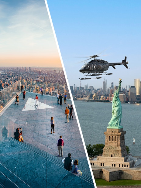 Edge Observation Deck view and helicopter over Statue of Liberty, NYC skyline.