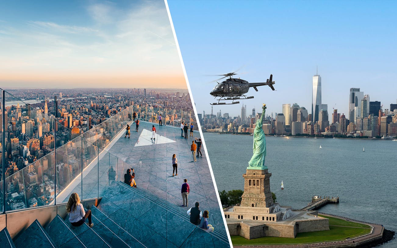 Edge Observation Deck view and helicopter over Statue of Liberty, NYC skyline.