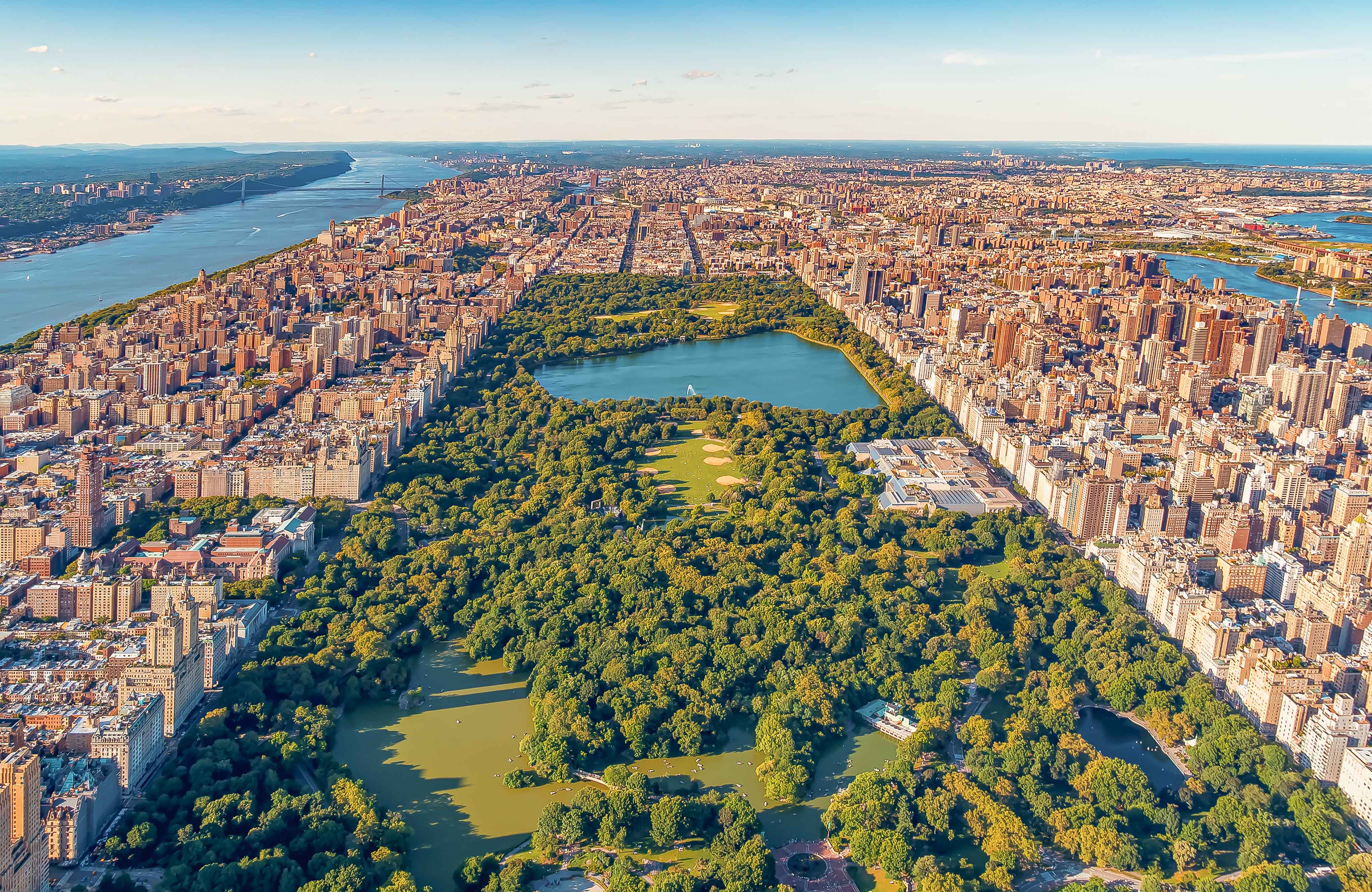 Aerial view of Central Park and Manhattan skyline from a New York helicopter tour.