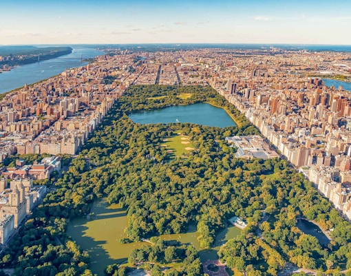 Aerial view of Central Park and Manhattan skyline from a New York helicopter tour.