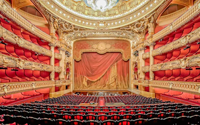 Auditorium of Opera Garnier with ornate red and gold decor, Paris.