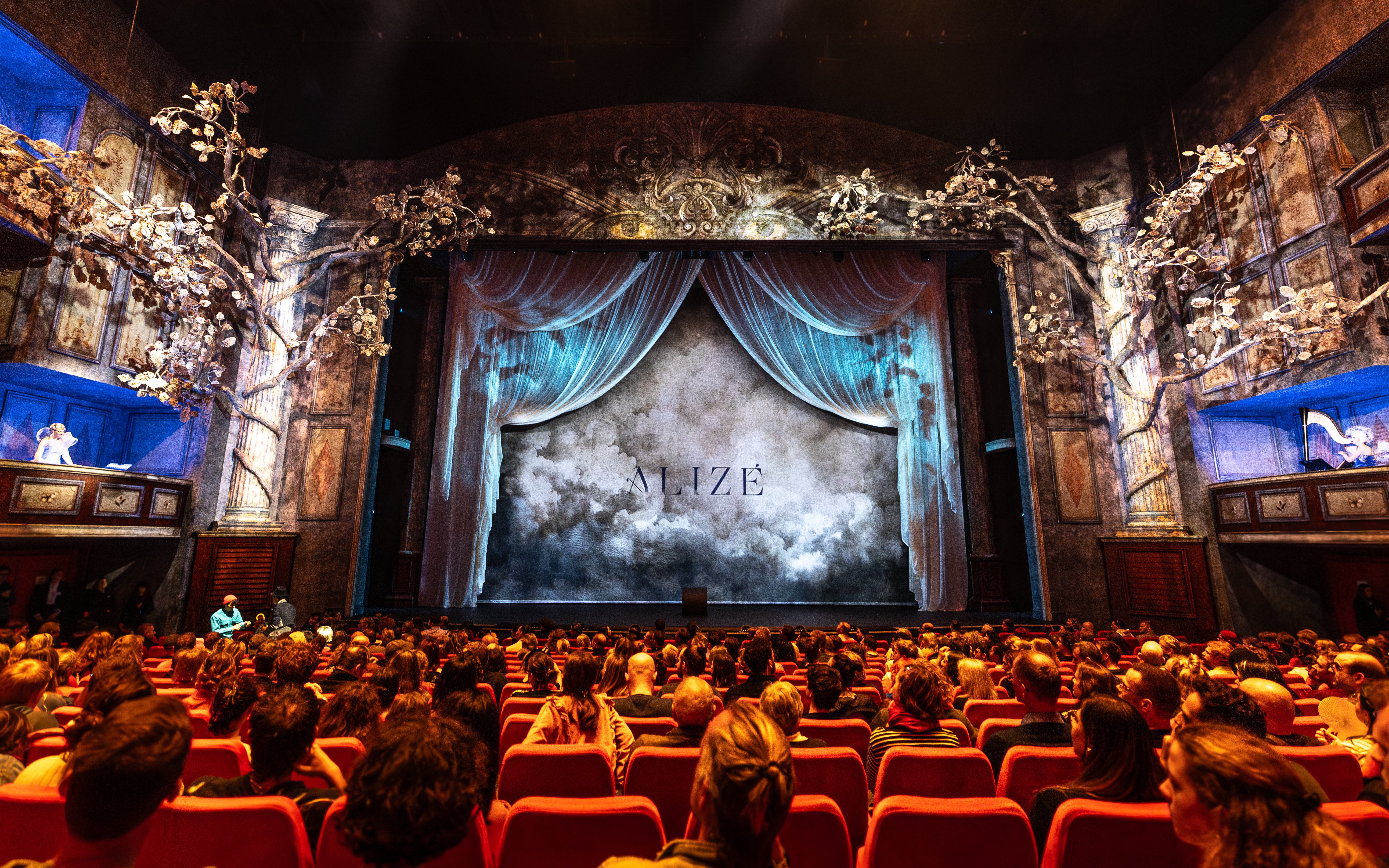 Audience seated in Alizé Theatre for Cirque du Soleil show, ornate stage with draped curtains.