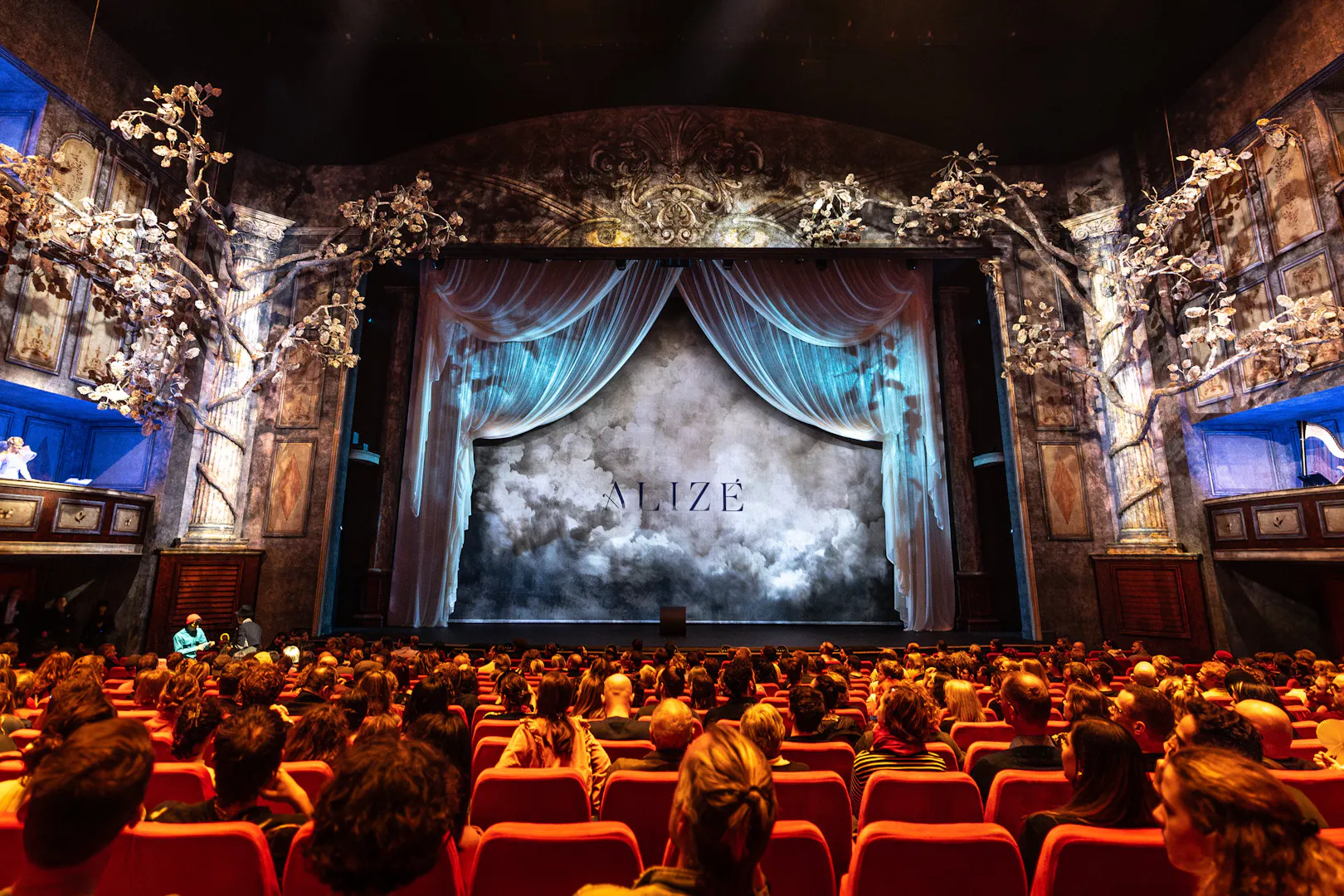 Audience seated in Alizé Theatre for Cirque du Soleil show, ornate stage with draped curtains.