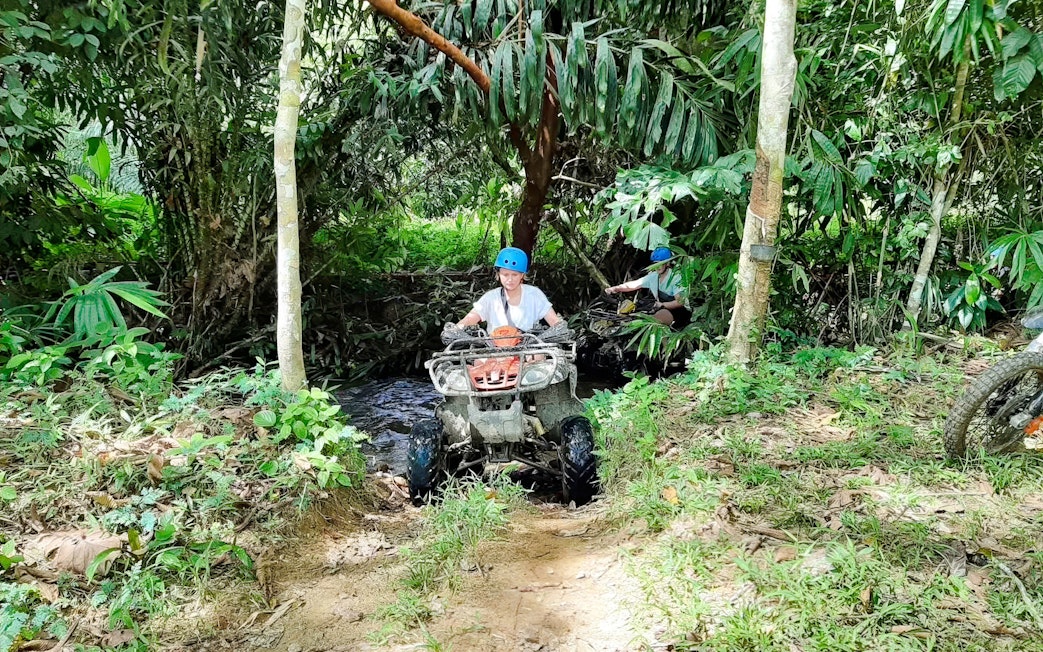 ATV riders navigating a forest trail with lush greenery.