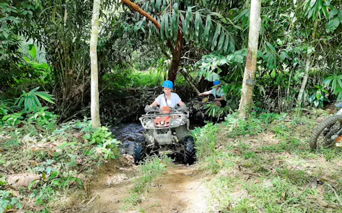 ATV riders navigating a forest trail with lush greenery.