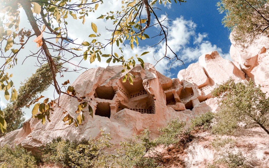Rock formation with ancient cave dwellings carved into the cliff, surrounded by trees.