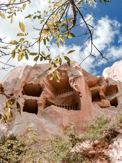 Rock formation with ancient cave dwellings carved into the cliff, surrounded by trees.