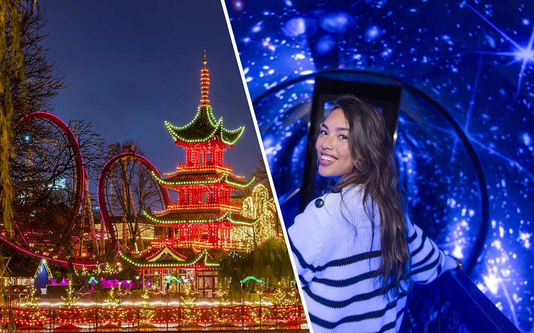 Tivoli Gardens illuminated at night and visitor inside The Tube in Copenhagen.
