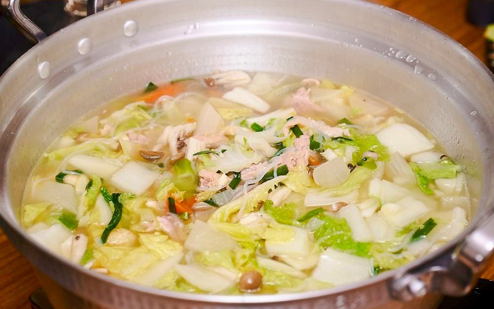 Nabe hot pot with vegetables and meat served at a sumo show in Koto City.