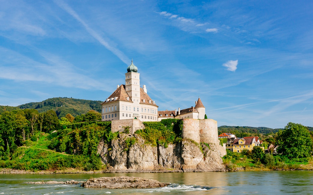 Schonbuhel Castle on a rocky hill by the Danube River, Wachau Day Trip, Austria.