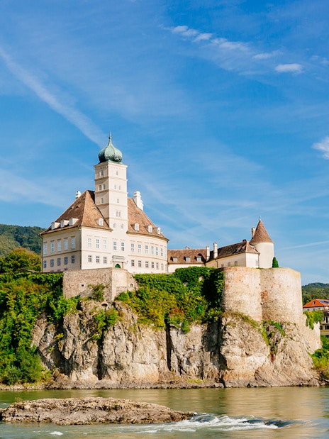 Schonbuhel Castle on a rocky hill by the Danube River, Wachau Day Trip, Austria.