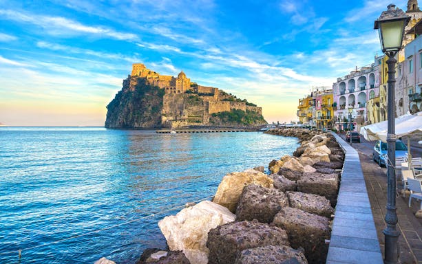 Ischia Castle view from the waterfront, part of a day trip with lunch from Naples.