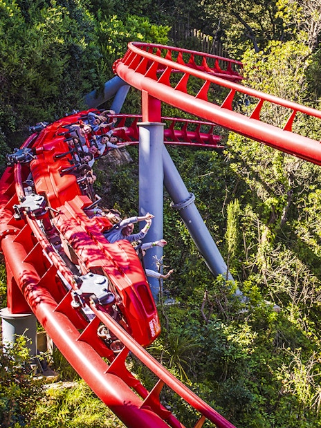 Red roller coaster at Tibidabo Amusement Park, Barcelona, surrounded by trees.