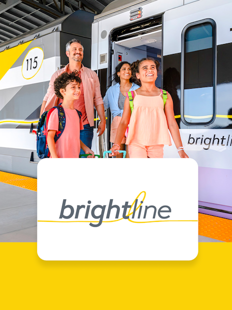 Brightline train with passengers boarding, Miami to Orlando route.