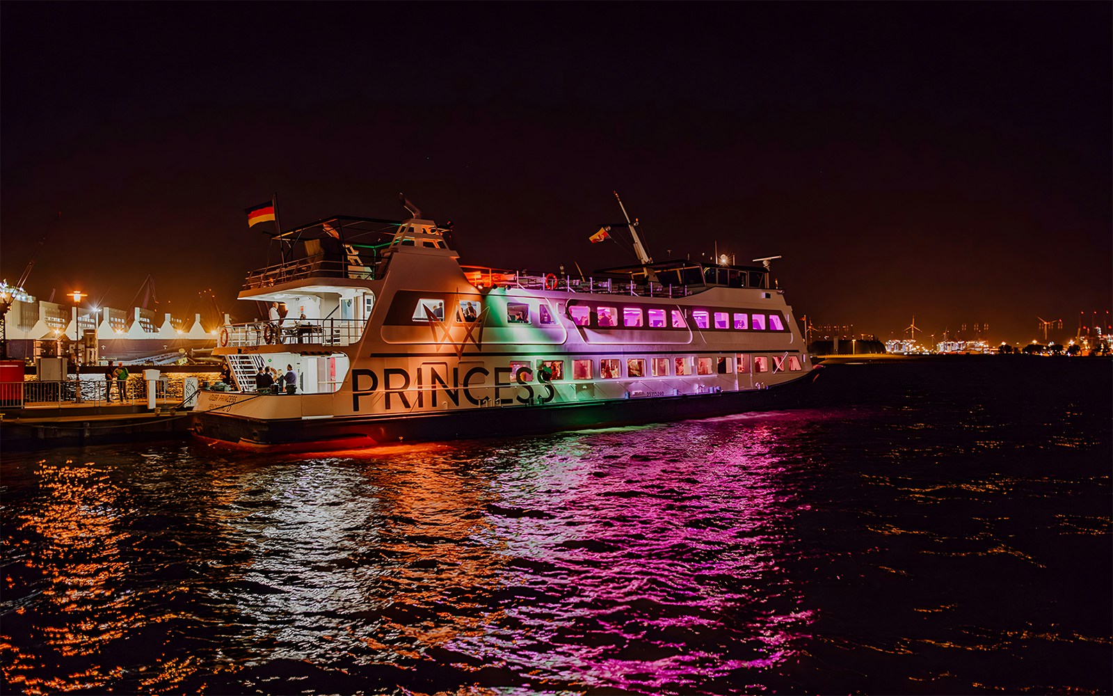 Lights on large ship in Hamburg Germany