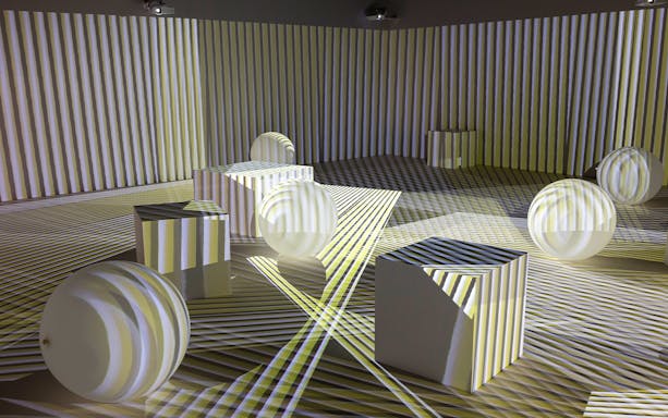 Carlos Cruz-Diez's Chromointerferent Environment, 1974, with striped light patterns on geometric shapes.