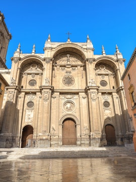 Granada Cathedral facade in Plaza Pasiegas, Granada, Andalusia, Spain.