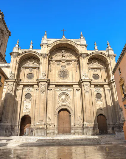 Granada Cathedral facade in Plaza Pasiegas, Granada, Andalusia, Spain.