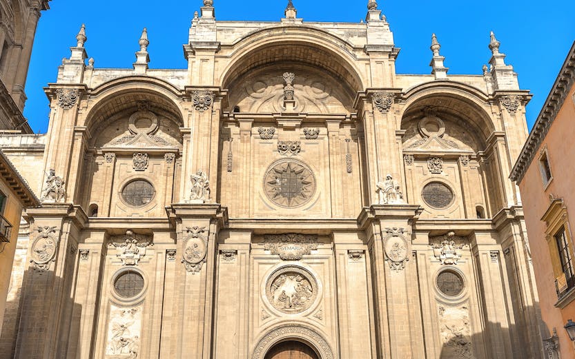 Granada Cathedral facade in Plaza Pasiegas, Granada, Andalusia, Spain.