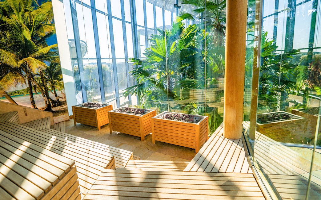 Therme Bucuresti indoor garden with tropical plants and wooden planters.