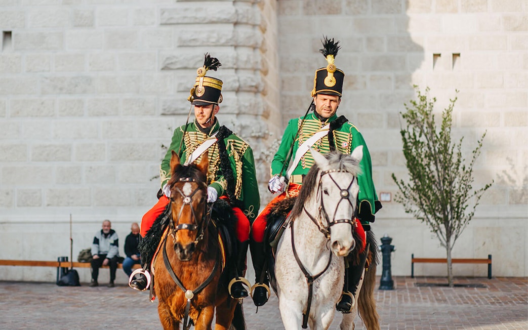 Hungarian Royal Guards on horseback at Riding Hall exhibition in Budapest.