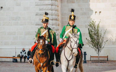 Hungarian Royal Guards on horseback at Riding Hall exhibition in Budapest.