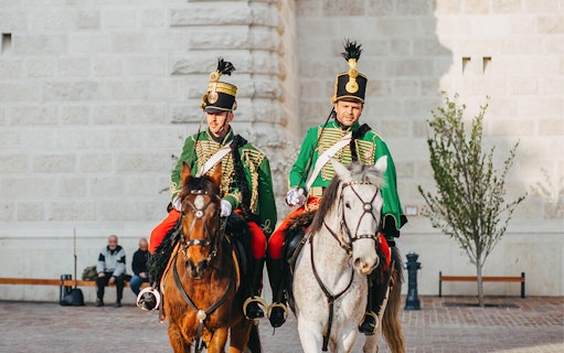 Hungarian Royal Guards on horseback at Riding Hall exhibition in Budapest.