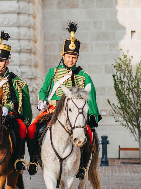 Hungarian Royal Guards on horseback at Riding Hall exhibition in Budapest.