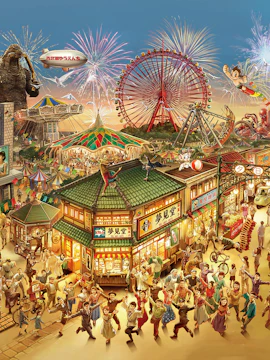 Crowd enjoying festivities at Seibuen Amusement Park with fireworks and Ferris wheel in the background.