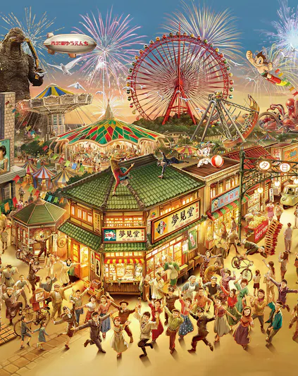 Crowd enjoying festivities at Seibuen Amusement Park with fireworks and Ferris wheel in the background.