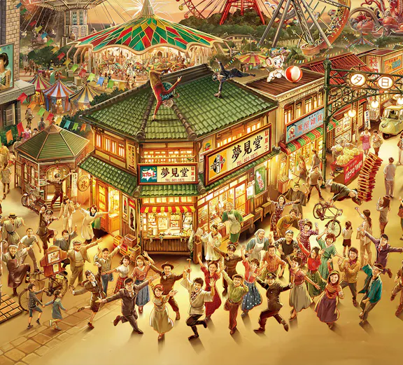 Crowd enjoying festivities at Seibuen Amusement Park with fireworks and Ferris wheel in the background.