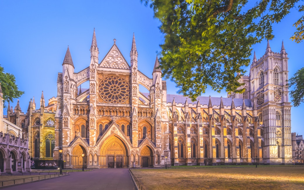 Westminster Abbey illuminated at night, London.