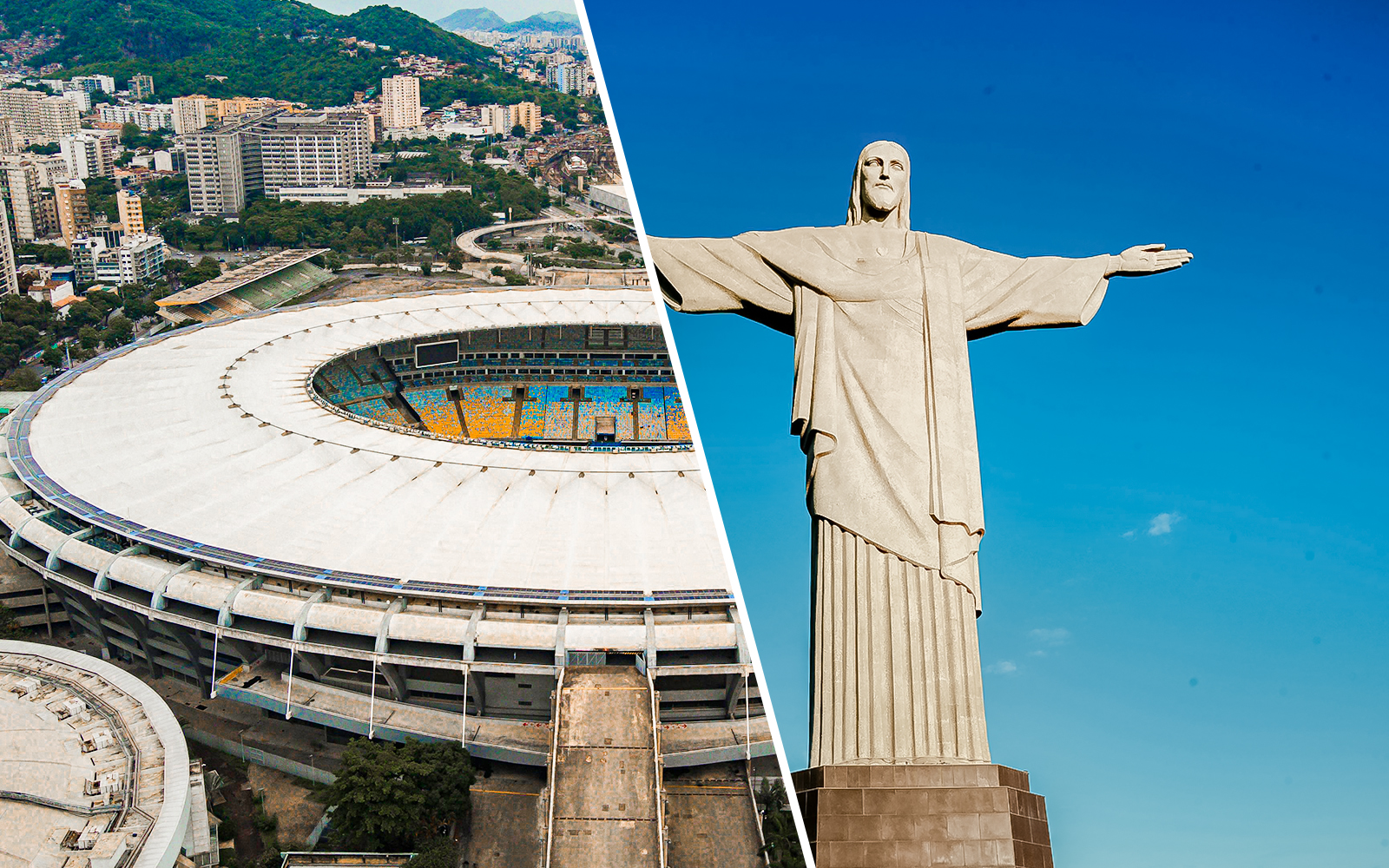 Maracanã Stadium aerial view and Christ the Redeemer statue in Rio de Janeiro.