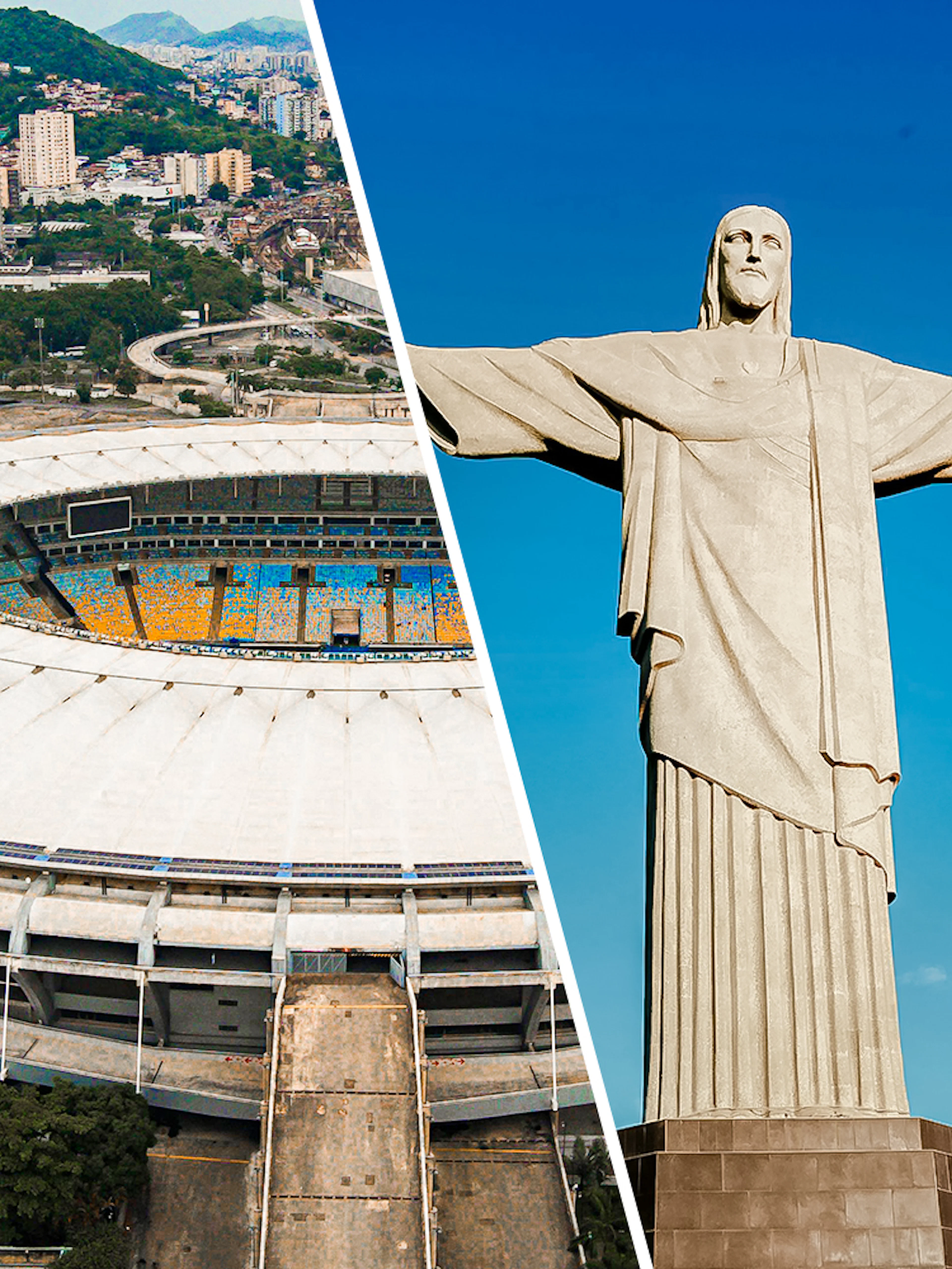 Maracanã Stadium aerial view and Christ the Redeemer statue in Rio de Janeiro.