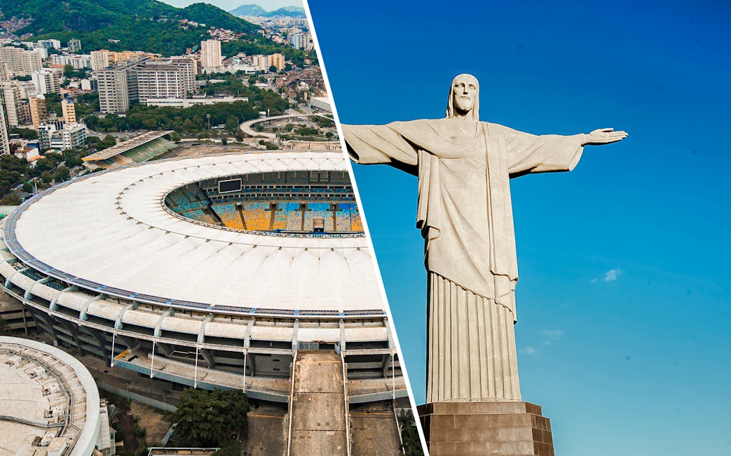 Maracanã Stadium aerial view and Christ the Redeemer statue in Rio de Janeiro.