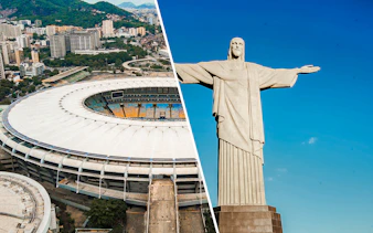 Maracanã Stadium aerial view and Christ the Redeemer statue in Rio de Janeiro.