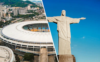 Maracanã Stadium aerial view and Christ the Redeemer statue in Rio de Janeiro.