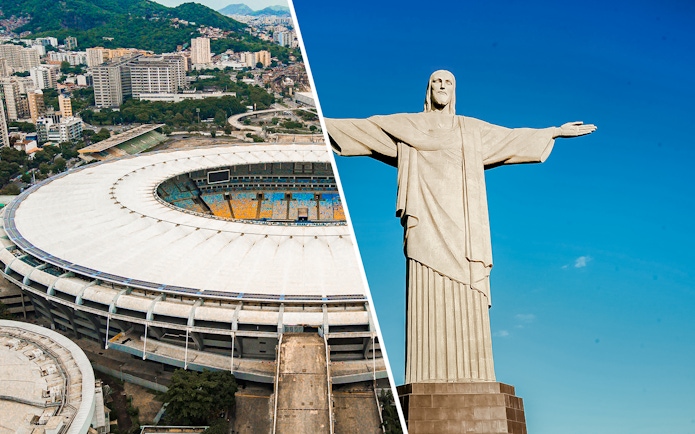 Maracanã Stadium aerial view and Christ the Redeemer statue in Rio de Janeiro.