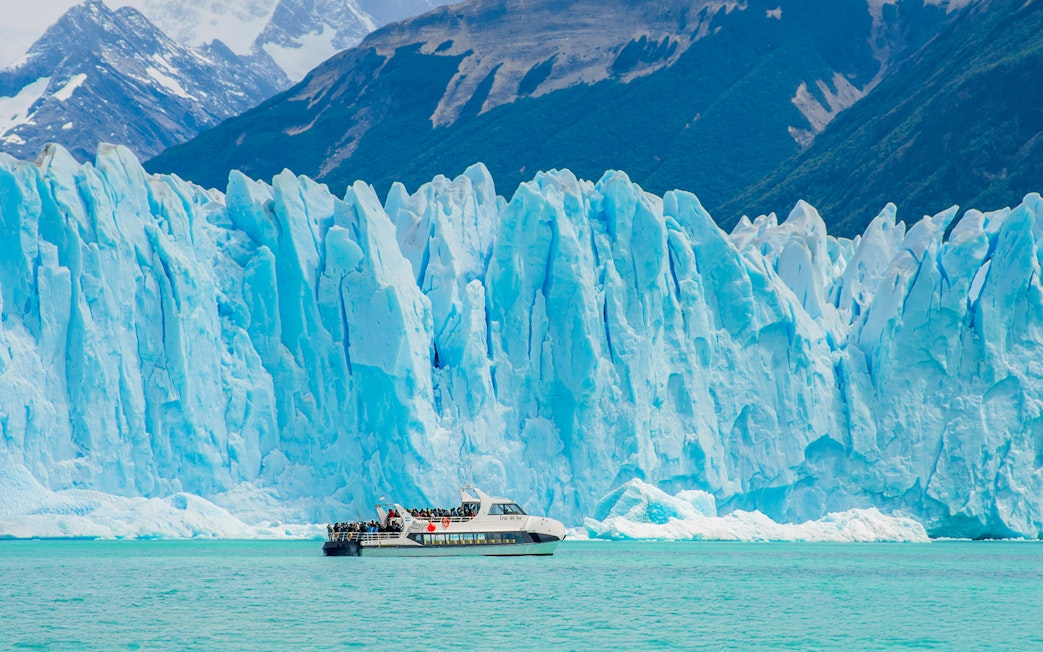 Cruise ship in front of Perito Moreno Glacier, Argentina.