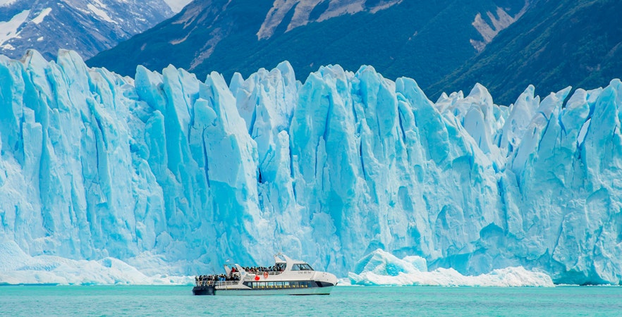 Cruise ship in front of Perito Moreno Glacier, Argentina.