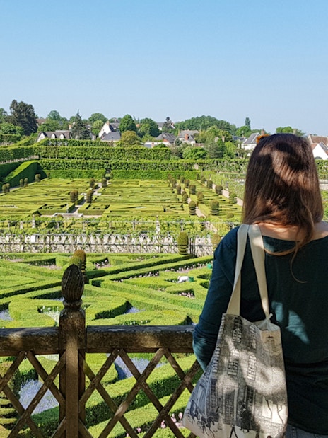 Visitors overlooking the intricate hedges of Chateau de Villandry gardens in France.