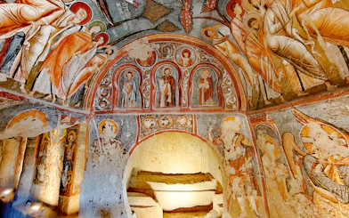 Frescoes inside a rock-cut church at Göreme Open Air Museum, Cappadocia, Turkey.