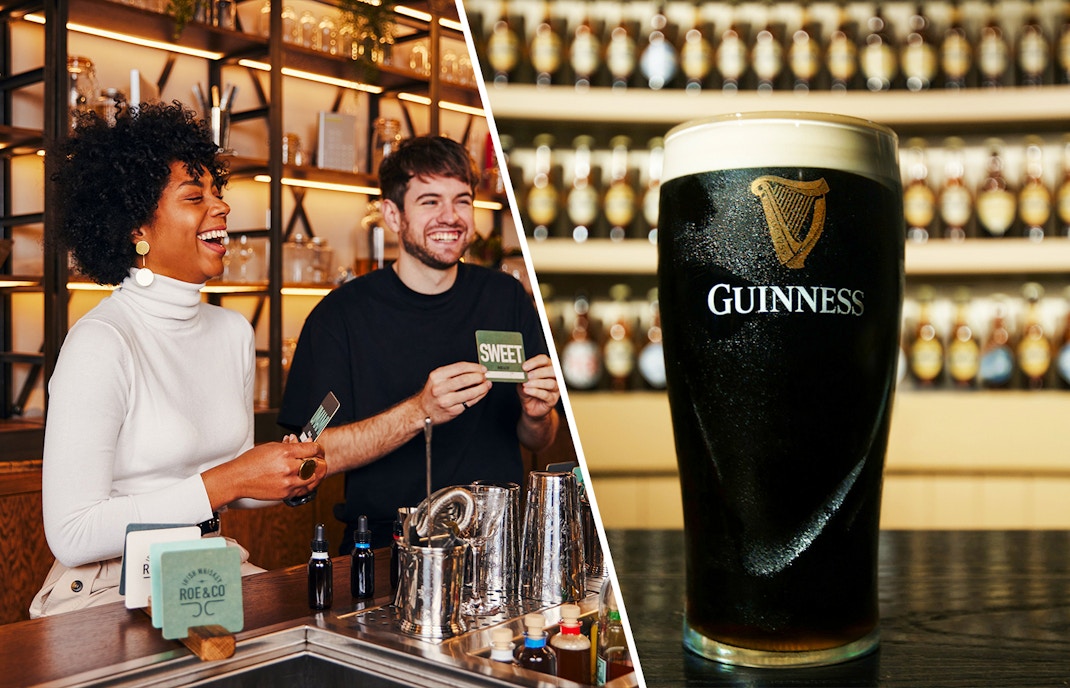 Tourists enjoying a tasting session at Roe & Co Distillery and a pint at Guinness Storehouse.