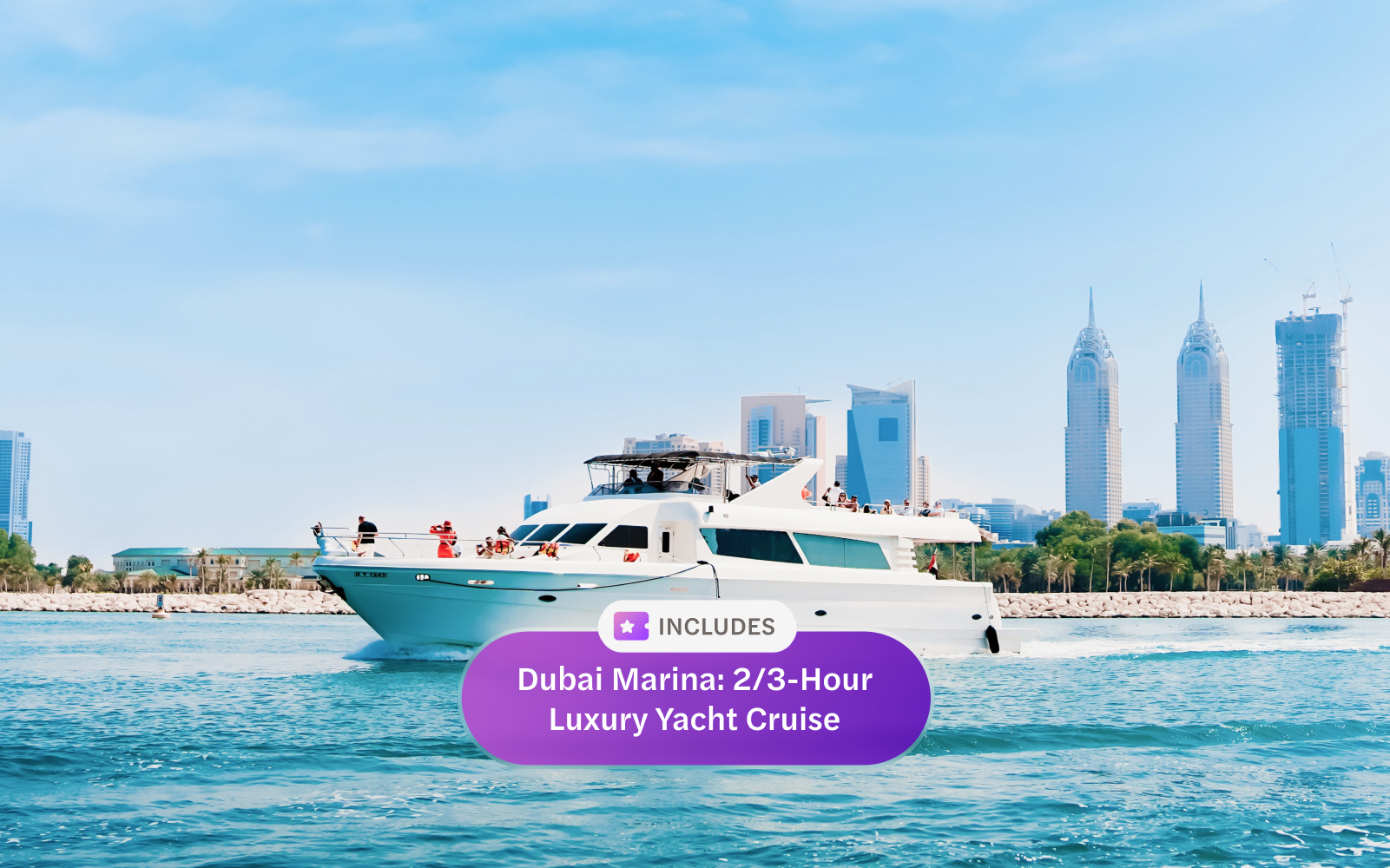 Luxury yacht cruising near Dubai Harbour with city skyline in background.
