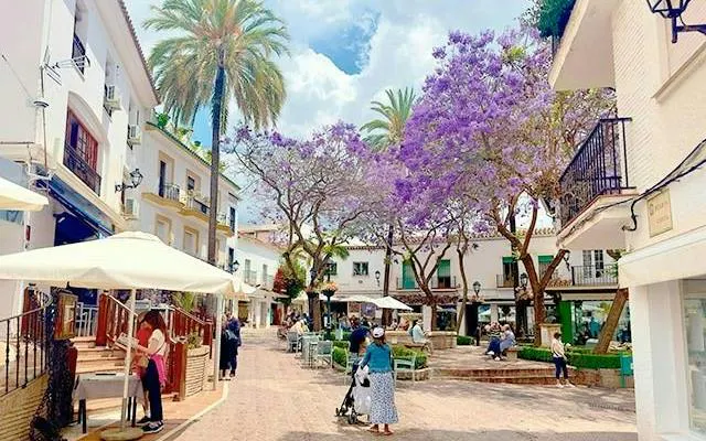 Marbella street with jacaranda trees and people exploring during a self-guided city game.