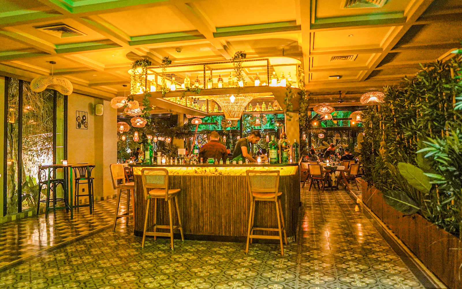 Nouba Restaurant bar area with ambient lighting and patrons dining.