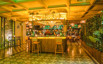 Nouba Restaurant bar area with ambient lighting and patrons dining.
