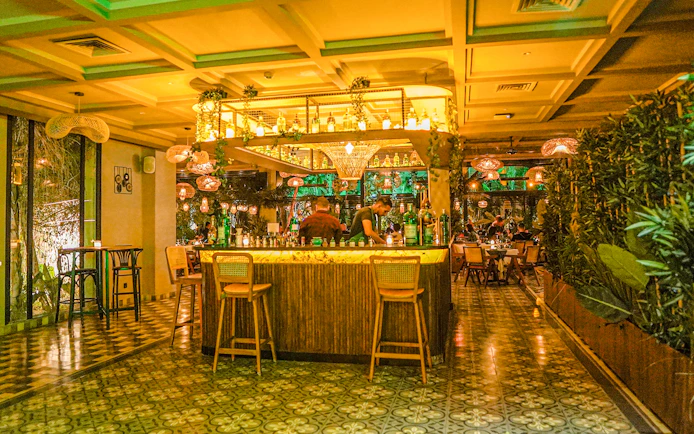Nouba Restaurant bar area with ambient lighting and patrons dining.
